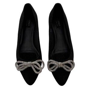 Jones New York Womens Quinnie 8M Black Suede Flats With Rhinestone Bow Low Heel